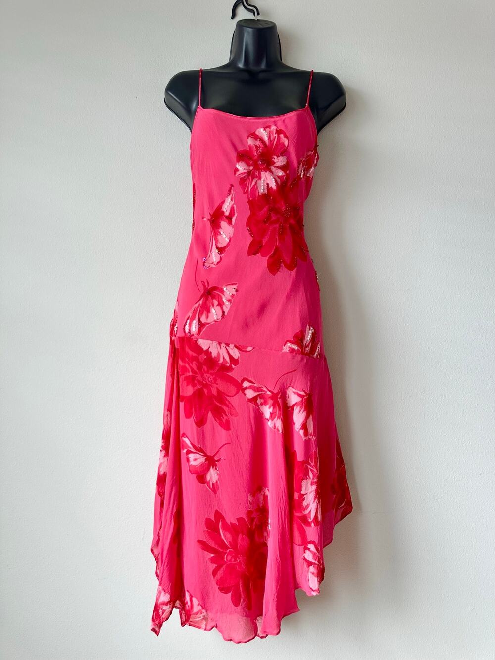 Vintage Y2K Pink Floral Beaded Maxi Dress Handkerchief Hem Fairy Boho Size 8